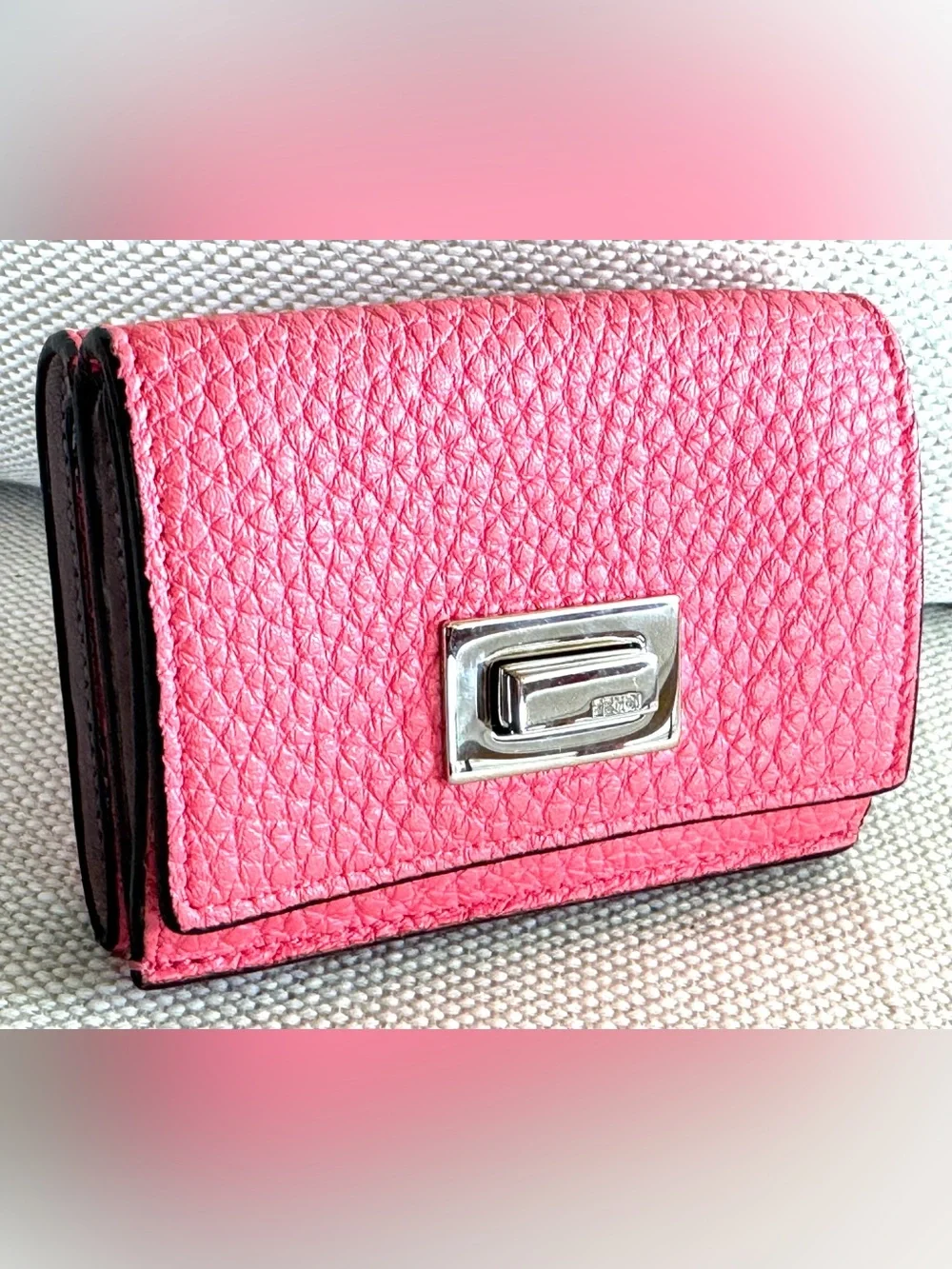 FENDI Bright Pink Pebbled Leather Mini Turn Lock Wallet Italy